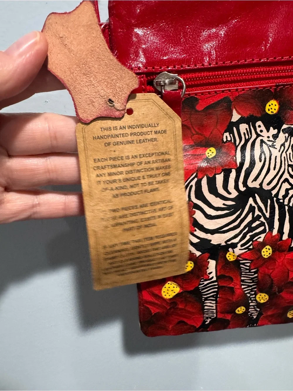 Hand painted Red leather Crossbody Bag with zebra. - Picture 2 of 5